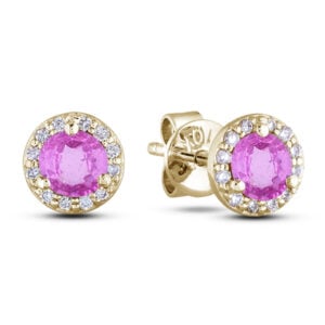 Pink Sapphire and Diamond Halo Stud Earrings in Yellow Gold