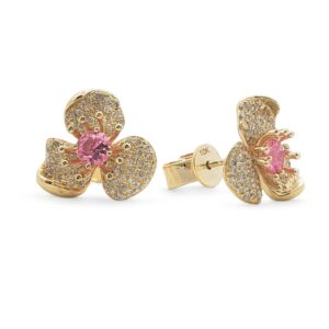 Pink Sapphire and Canadian Diamond Flower Stud Earrings in Yellow Gold