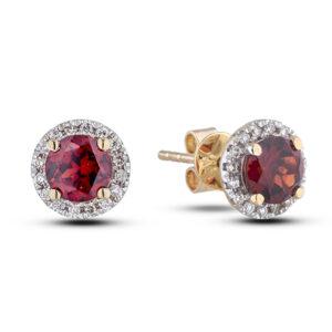 Rhodolite and Canadian Diamond Halo Earrings in Yellow Gold