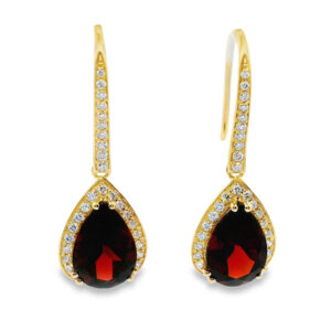 Garnet and Canadian Diamond Dangle Earrings in Yellow Gold