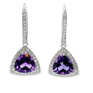 Canadian Diamond And Amethyst Halo Dangle Earrings In White Gold