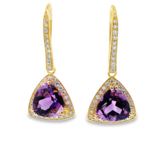 Canadian Diamond And Amethyst Halo Dangle Earrings In Yellow Gold