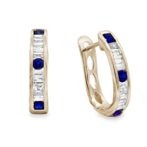 Baguette Cut Canadian Diamond and Sapphire Hoop Earrings in Yellow Gold