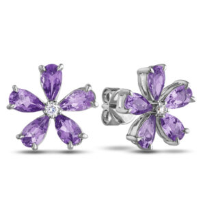 Canadian Diamond and Amethyst Flower Earrings in White Gold