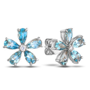 Canadian Diamond and Blue Topaz Flower Earrings in White Gold