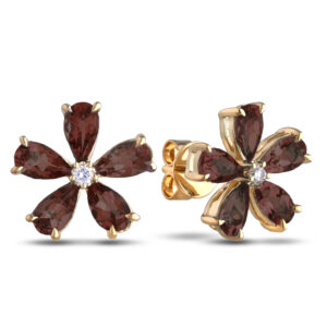 Garnet and Canadian Diamond Flower Earrings in Yellow Gold