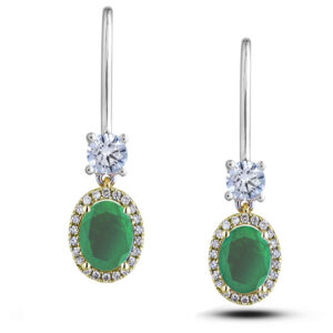Emerald and Canadian Diamond Halo Dangle Drop Earrings in White and Yellow Gold