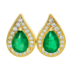 Emerald and Canadian Diamond Halo Stud Earrings in Yellow Gold