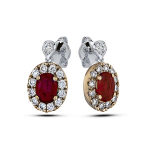 Ruby and Canadian Diamond Halo Dangle Drop Earrings in White and Yellow Gold