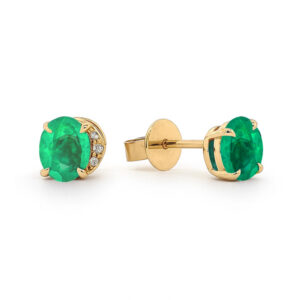 Brazilian Emerald and Diamond Half Halo Stud Earrings in 14K Yellow Gold