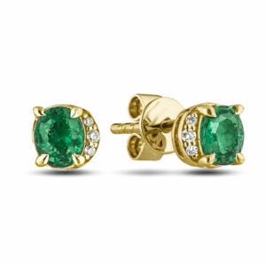 Brazilian Emerald and Diamond Half Halo Stud Earrings in 18K Yellow Gold