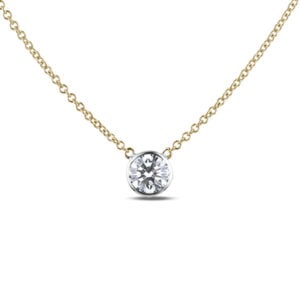 Solitaire Bezel Set Canadian Diamond Necklace in Yellow and White Gold | 0.16 Carat