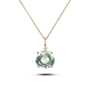 Round Green Amethyst and Canadian Diamond Pendant in Yellow Gold