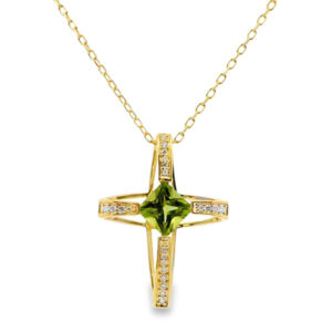 Peridot and Canadian Diamond Cross Pendant in Yellow Gold