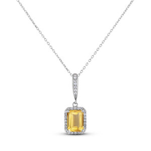 Emerald Cut Citrine and Canadian Diamond Halo Pendant in White Gold