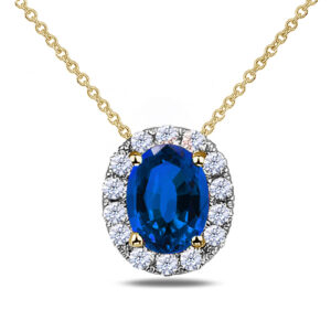 Non-Heated Sapphire and Canadian Diamond Halo Pendant In Yellow Gold