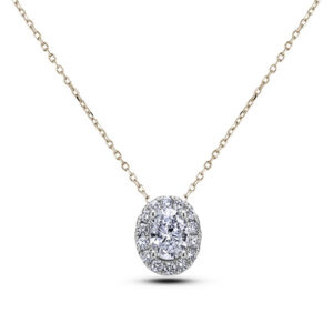 Oval Shape De Beers Forevermark Diamond Halo Pendant in 14K White and Yellow Gold