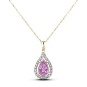 Pear Cut Pink Sapphire & Diamond Halo Pendant in Yellow Gold