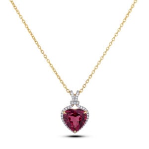 Pink Tourmaline Heart Pendant with Diamond Halo In 14K Yellow Gold