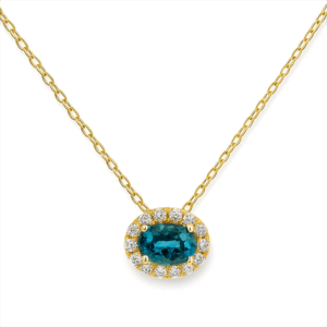Non-Heated Oval Aquamarine and Canadian Diamond Halo Pendant in Yellow Gold