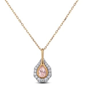 Brazilian Morganite and Canadian Diamond Bezel Set Halo Pendant in White and Yellow Gold
