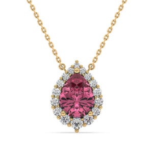 Pear Shape Rhodolite Garnet and Canadian Diamond Halo Necklace in Yellow Gold