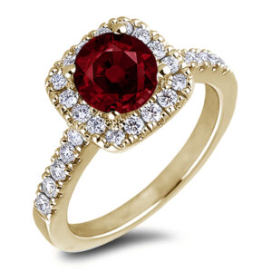 Ruby and Diamond Halo Ring in 18K Yellow Gold
