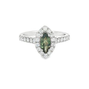 Marquise Alexandrite and Canadian Diamond Halo Ring in 18K White Gold