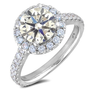 GIA Certified Round Brilliant Cut Halo Engagement Ring With Diamond Accents in 18K White Gold