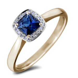 Cushion Cut Ceylon Sapphire and Canadian Diamond Halo Ring In Yellow Gold