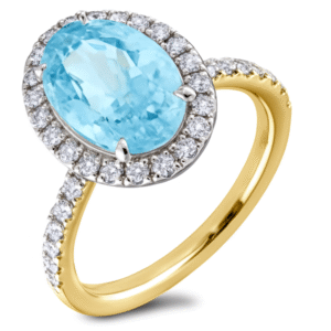 Oval Cut Aquamarine and Canadian Diamond Halo Ring in Yellow Gold