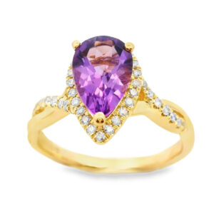 Pear Shaped Amethyst and Canadian Diamond Halo Twist Ring in Yellow Gold