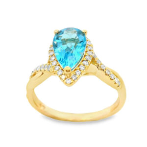 Pear Shaped Blue Topaz and Canadian Diamond Halo Twist Ring in Yellow Gold
