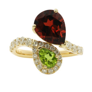 Garnet and Peridot Toi et Moi Ring With Diamond Accented in Yellow Gold