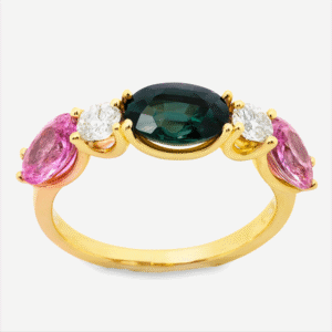 Non Heated Sapphire Trio Yellow Gold Ring with Canadian Diamond Accents