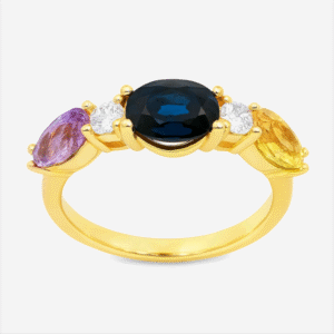 Non-Heated Sapphire and Canadian Diamond 5 Stones Ring In Yellow Gold