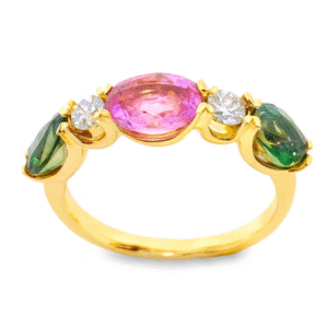 Non Heated Pink Sapphire & Green-Yellow Sapphire Gold Ring with Canadian Diamonds