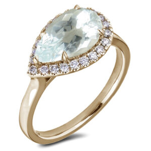 Pear Aquamarine and Canadian Diamond Halo Ring in Yellow Gold