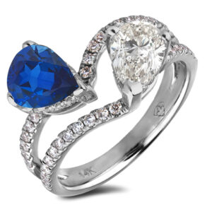 Non-Heated Sapphire And Pear Shape Canadian Diamond Halo You and Me Ring In 14K White Gold