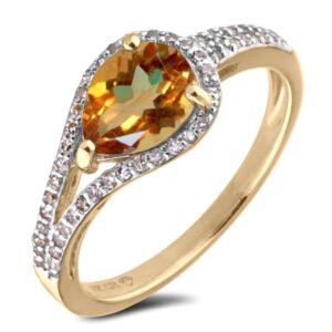 Citrine and Canadian Diamond Split Shank Halo Ring in Yellow Gold