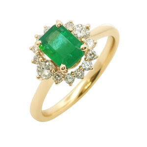 Emerald and Canadian Diamond Halo Vintage-Inspired Ring in Yellow Gold