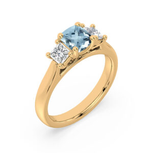 Non-Heated Aquamarine and Diamond Trilogy Ring in 14K Yellow Gold