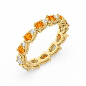 Padparadscha Color Sapphire and Canadian Diamond Eternity Ring in Yellow Gold