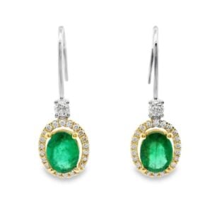 Emerald and Canadian Diamond Halo Dangle Drop Earrings in White and Yellow Gold