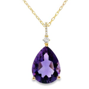 Pear Shaped Amethyst and Canadian Diamond Halo Pendant in Yellow Gold