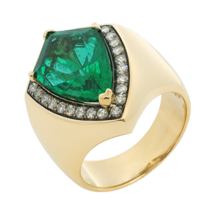 Men’s 18K Yellow Gold Signet Ring with Emerald and Diamond Accents
