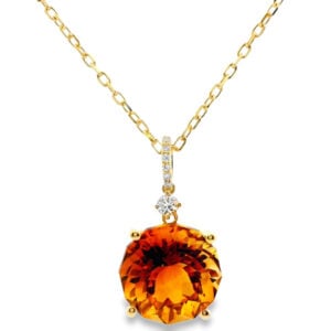 Checkerboard Cut Citrine and Canadian Diamond Halo Pendant in Yellow Gold