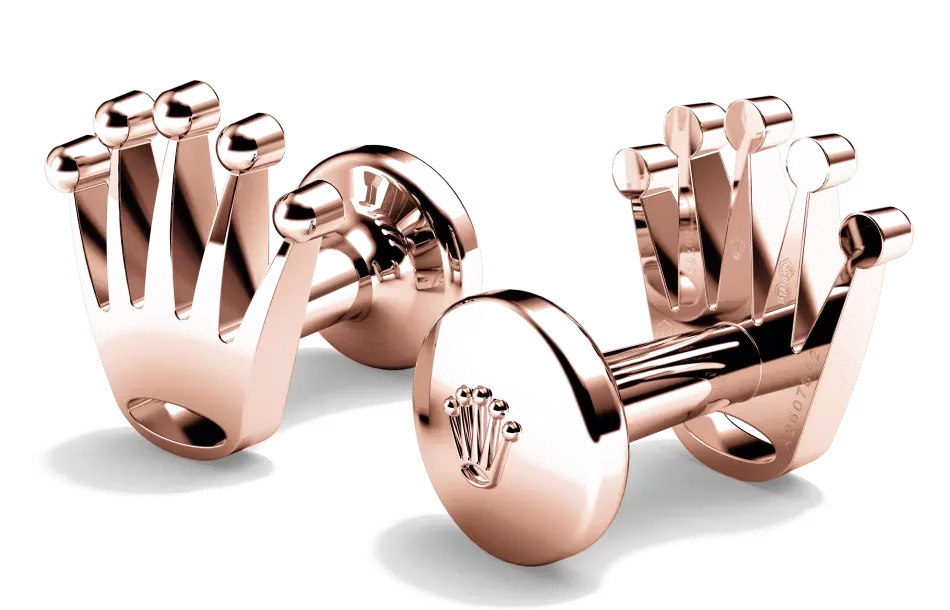 Rolex cufflinks made of 18 ct Everose gold and shaped in the form of the signature Rolex crown.