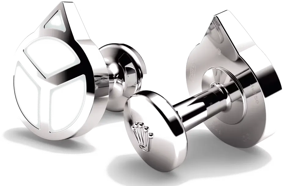 Rolex cufflinks made of 18 ct white gold that echo the hour hand found on Professional Rolex watches, equipped with a Chromalight display.