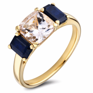 Morganite and Blue Sapphire Three Stone Ring in Yellow Gold